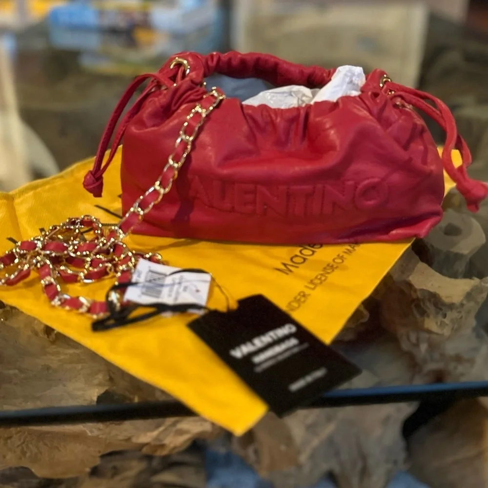 Valentino by Mario Valentino Red Leather Chain Crossbody Bag NWT Rare - Picture 12 of 14